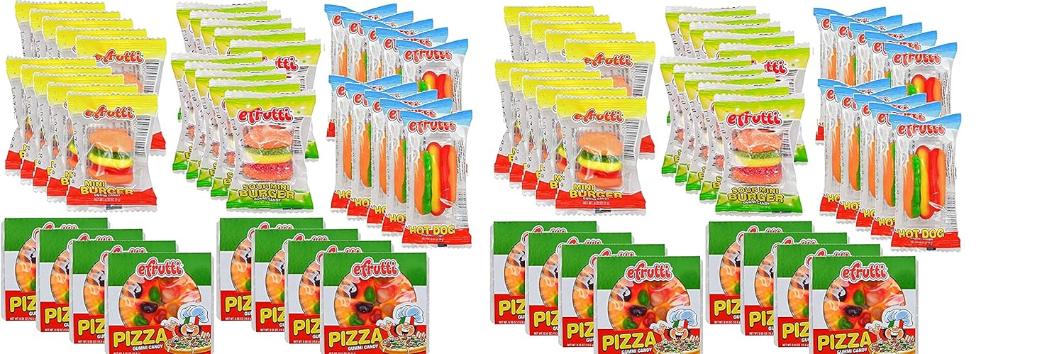 E.Frutti Gummi Candy Variety Party Set: 8 Pizzas, 10 Mini Burgers, 10 Sour Mini Burgers, 10 Hotdogs (38 total)Two Pack