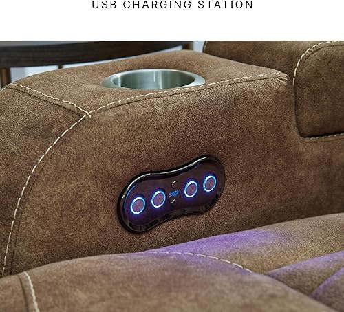 Miniatura 7 de Signature Design by Ashley Wolfridge - Sofá biplaza reclinable de piel sintética contemporánea con consola, portavasos y puertos USB, color marrón