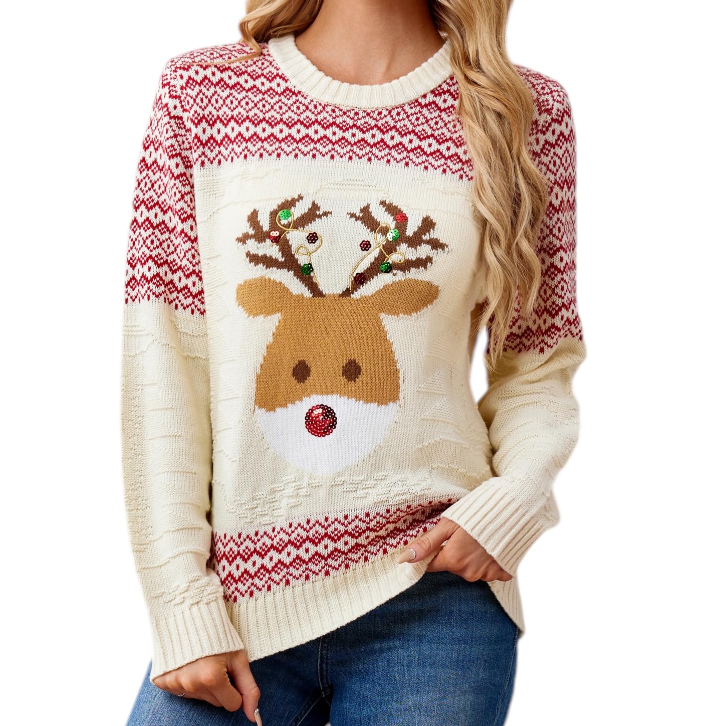 LUBOT Ugly Christmas Sweaters for Women Cute Fuzzy Funny Wintertime and Holiday Parties Knitted Pullover Sweater Beige Deer Medium