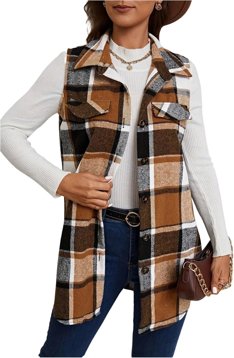 SweatyRocks Women's Flannel Plaid Vest Sleeveless Button Down Blazer Jacket Coat Fall Winter Trendy Vests - Image 4