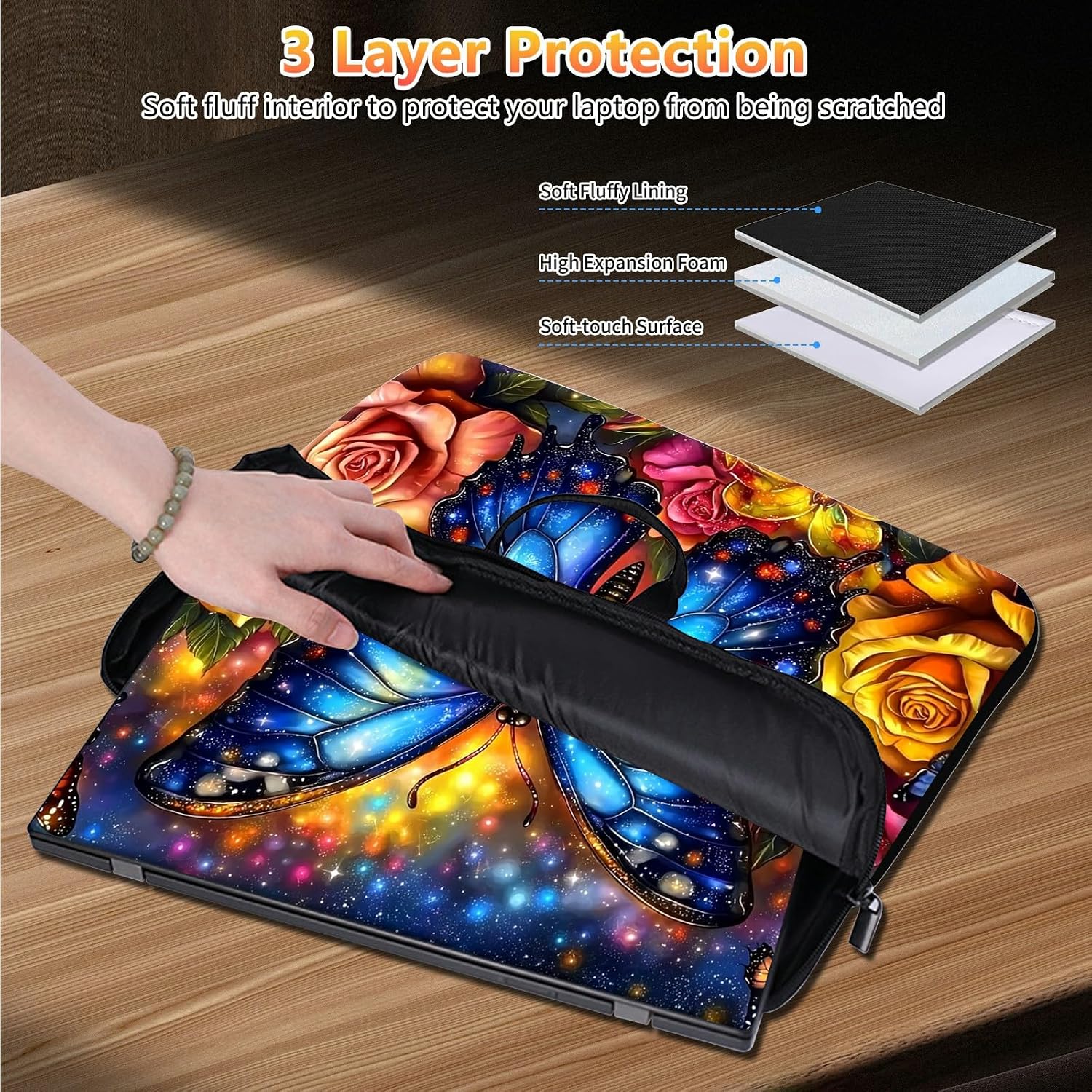 13 inch Laptop Sleeve with Laptop Skin Sticker Set – Waterproof Slim Laptop Case with Durable Smooth Zipper, Lightweight Computer Bag for MacBook Dell HP Lenovo, Rose Blue Butterfly image 4