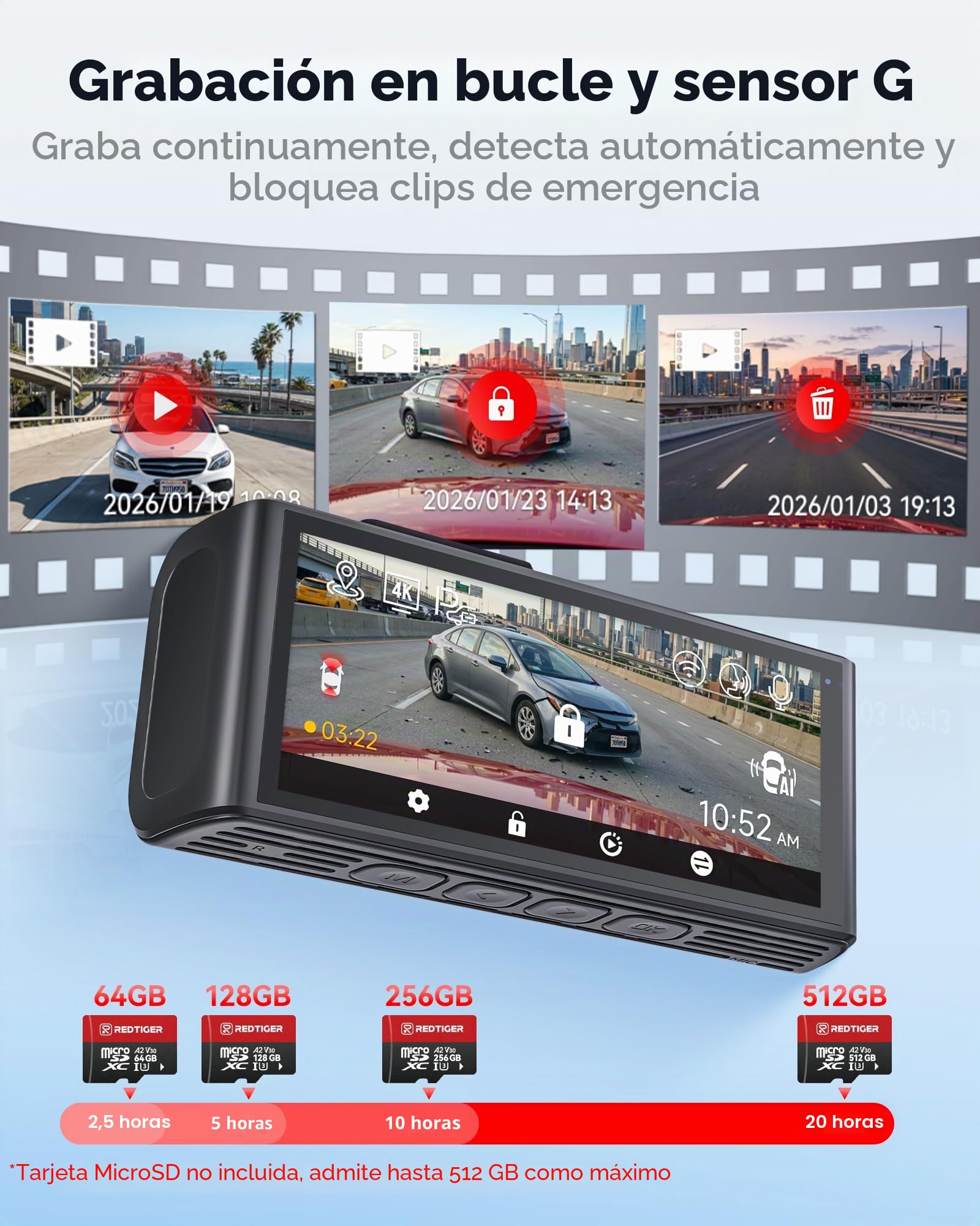 REDTIGER F7NA Cámara Dual de Tablero 4K, STARVIS 2 IMX678, 8MP, WiFi de 5GHz (Descarga Rápida de 20MB/s), 4K Delantera 1080P Trasera, GPS, Control de Voz, WDR, Visión Nocturna HDR, Modo de