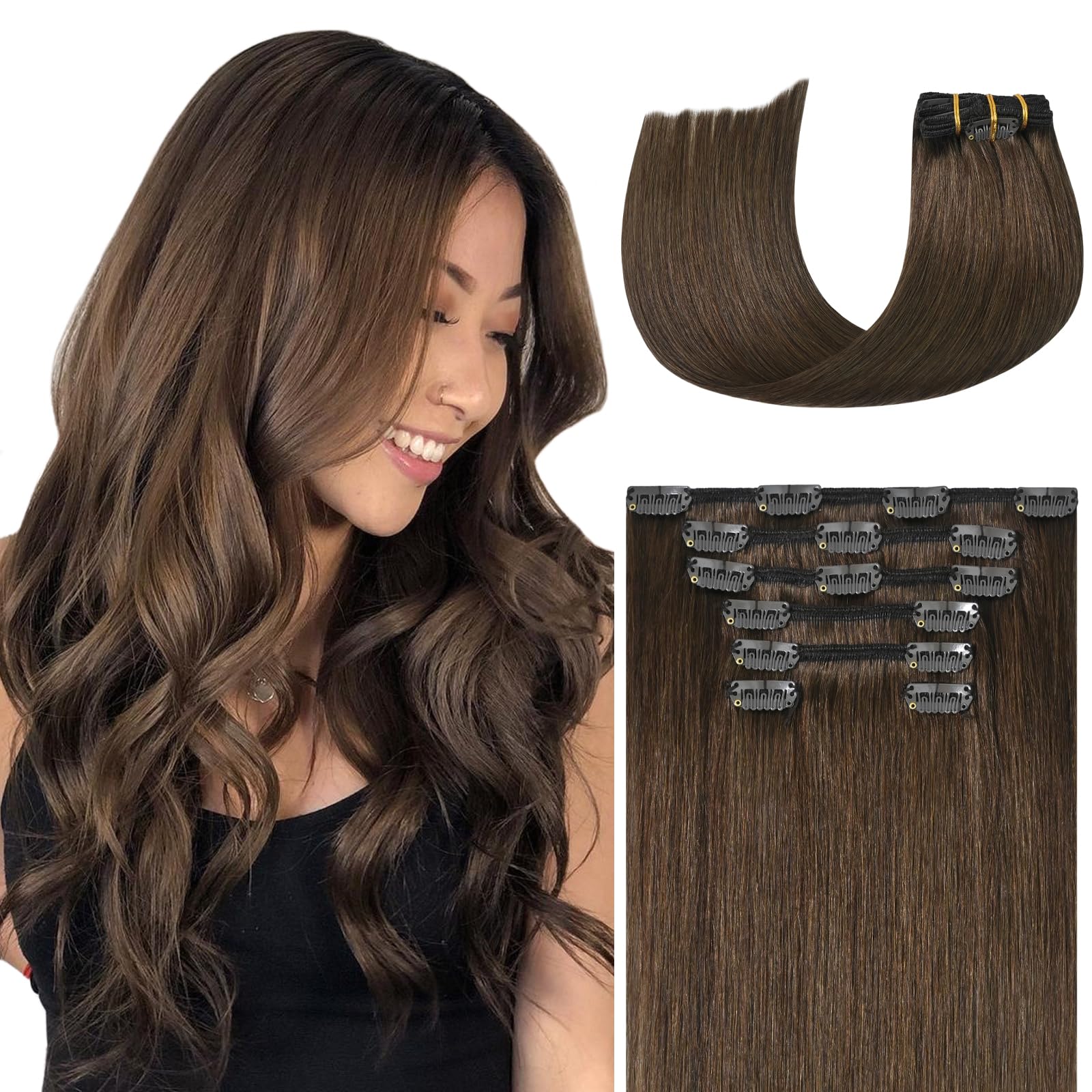 WindTouch Clip in Hair Extensions Human Hair, 15 Inch 75g #4 Medium Brown Hair Extensions for Women Real Human Hair Clip in, Remy Human Hair Extensions Clip ins, Soft Natural Straight