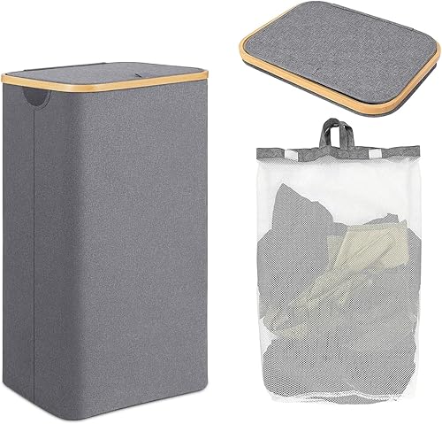 Cestos de ropa para ropa sucia con tapa, 100 L, color gris, grande, plegable, con bolsa interior lavable y asas de bambú para dormitorio, baño,
