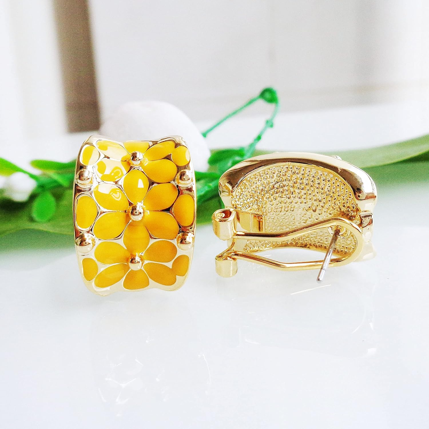 Navachi 18k Gold Plated Square Rainbow Colorful Enamel Leaves Flower Omega Back Earrings - Image 4