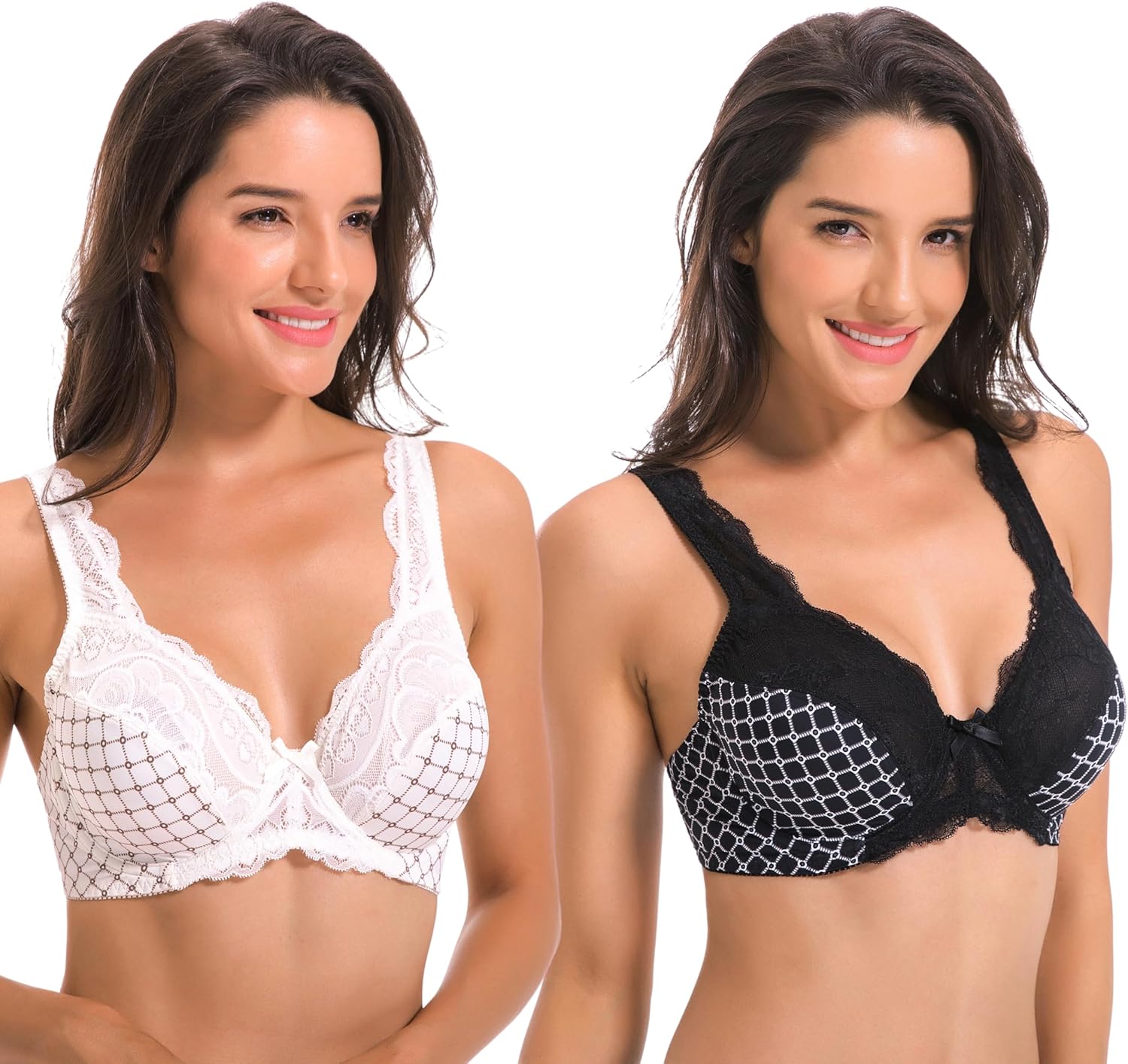 Curve Muse Women's Minimizer Unlined Underwire Bra with Lace Embroidery-2 Pack