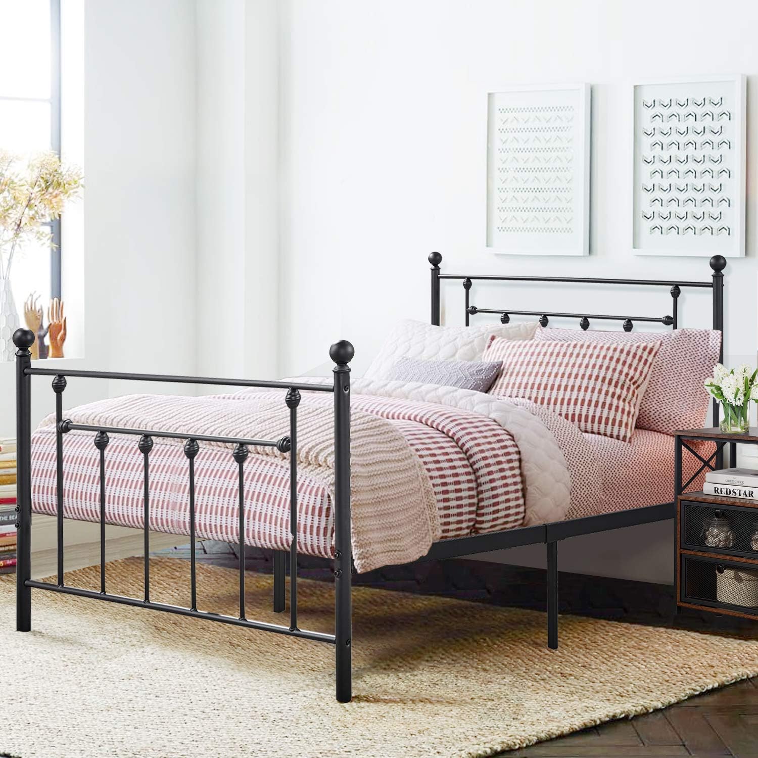 VECELO Full Size Metal Platform Bed Frame with Headboard & Footboard Premium Steel Slat Support,Victorian Style Mattress Foundation, Black