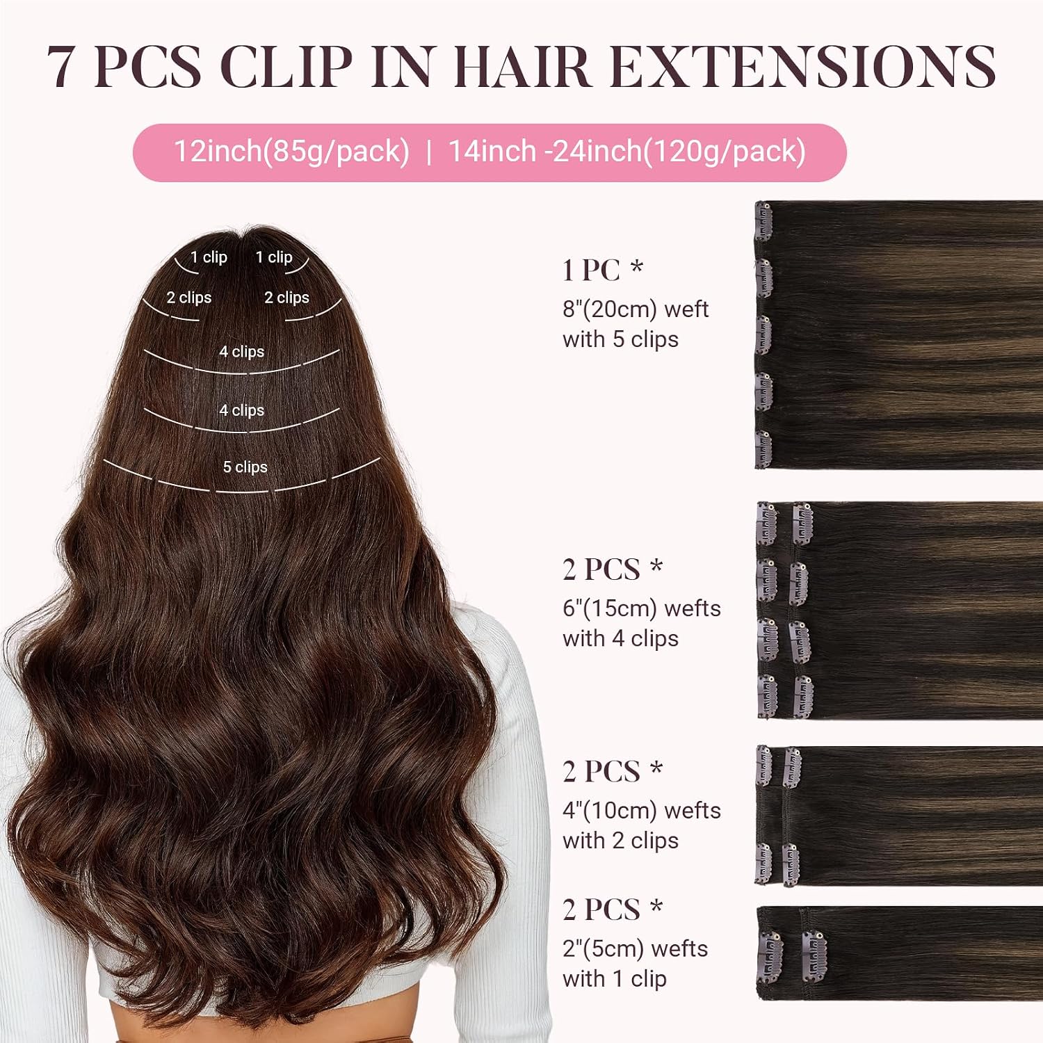 MAXITA Clip in Hair Extensions Real Human Hair,Remy Hair Extensions Clip ins Double Weft for Women,Natural Real Human Hair,14Inch 120g 7Pcs,Balayage Dark Brown Mixed Chestnut Brown