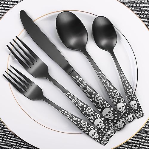 Miniatura 5 de Juego de cubiertos negros con diseño de calavera para 4, juego de cubiertos de acero inoxidable mate de 20 piezas, diseño único de esqueleto de