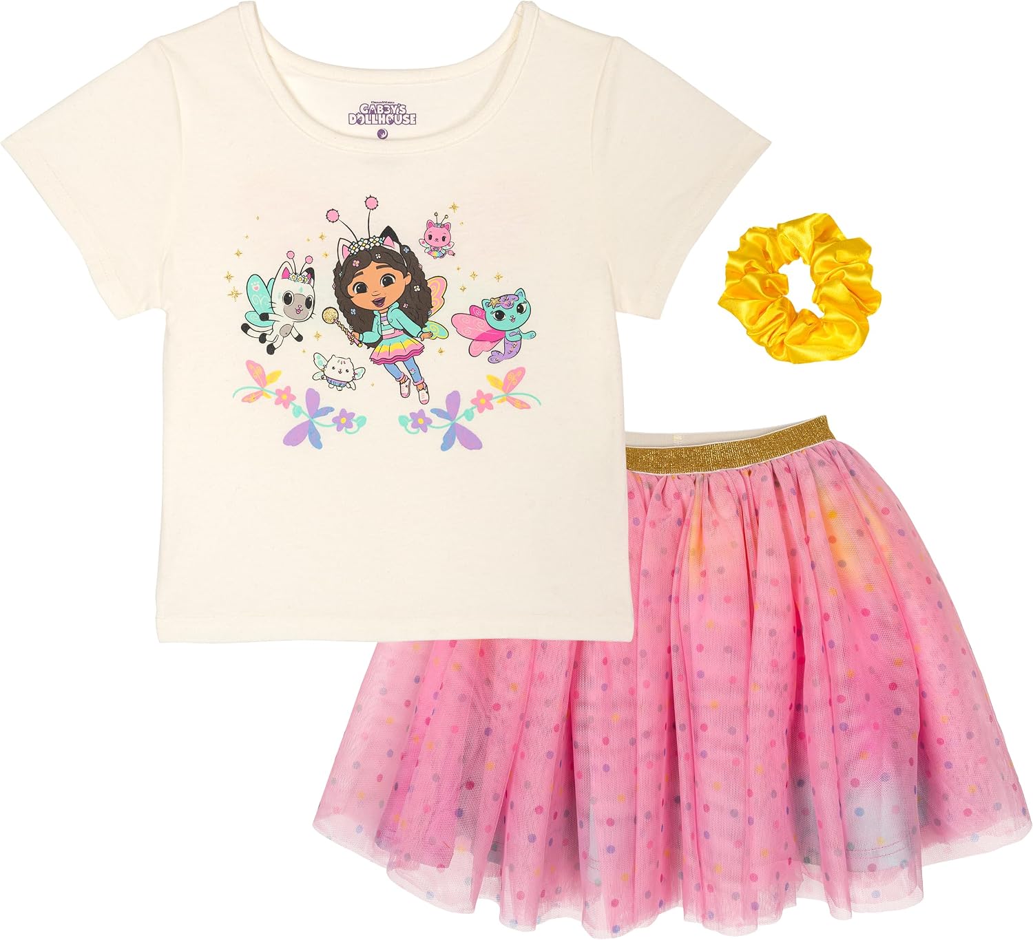 DREAMWORKS GABBY'S DOLLHOUSE Girls' T-Shirt and Tutu Skirt Set with Scrunchie Toddler to Big Kid