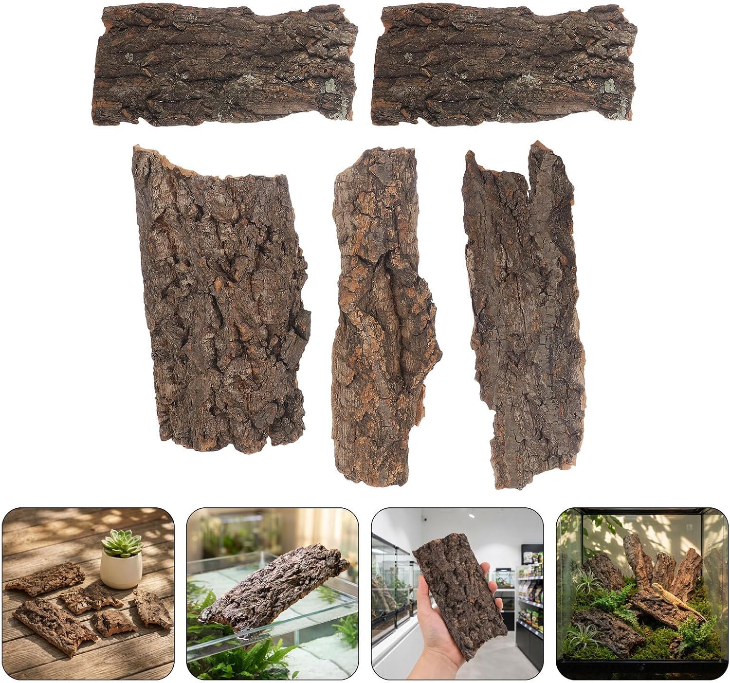 SOLUSTRE 5pcs Reptile Bark Cork Wood Decor Panel for Habitat and Tank | 5 Inch Flat Tile, Tree Bark Texture, Naturalistic Rustic Look, Lightweight Piece for Easy Placement in Terrarium Scenes