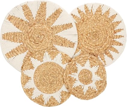 4 Pack Boho Wall Basket Decor Set, Hanging Woven Gourd Grass Rattan Wicker Boho Wall Decor, Round Farmhouse Wall Hanging Baskets Rustic Flat Wall Art for Living Room Bedroom Kitchen Style 11