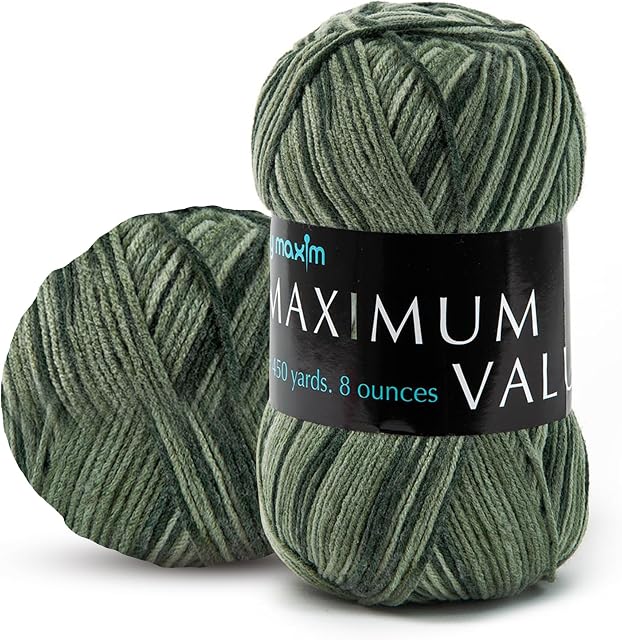 Mary Maxim Maximum Value Fil acrylique pour le crochet et tricotage, Fil de poids doux et plus mauvais 4, Idéal pour les couvertures, les chandails, les chapeaux et les écharpes, 8 oz Skein (474 Yds), Ombre Verte