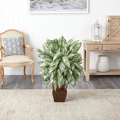 Miniatura 3 de Nearly Natural Silver Queen con maceta decorativa de seda