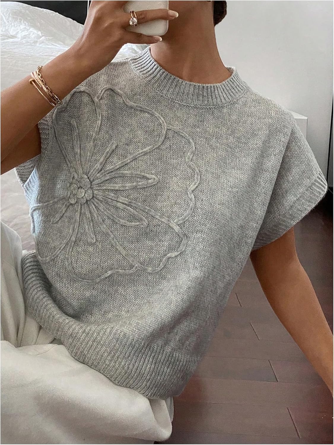 SOLY HUX Women's Short Sleeve Sweater 3D Floral Sweaters Pullover Tank Tops Knit Vest Trendy Fashion Clothing - Image 4