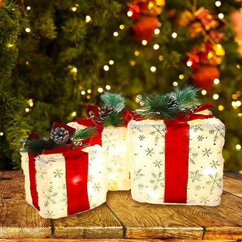 Miniatura 4 de MorTime Cajas iluminadas de Navidad con lazos, juego de 3 cajas de regalo de felpa con copos de nieve dorados, piñas y bayas, cajas de regalo con 60