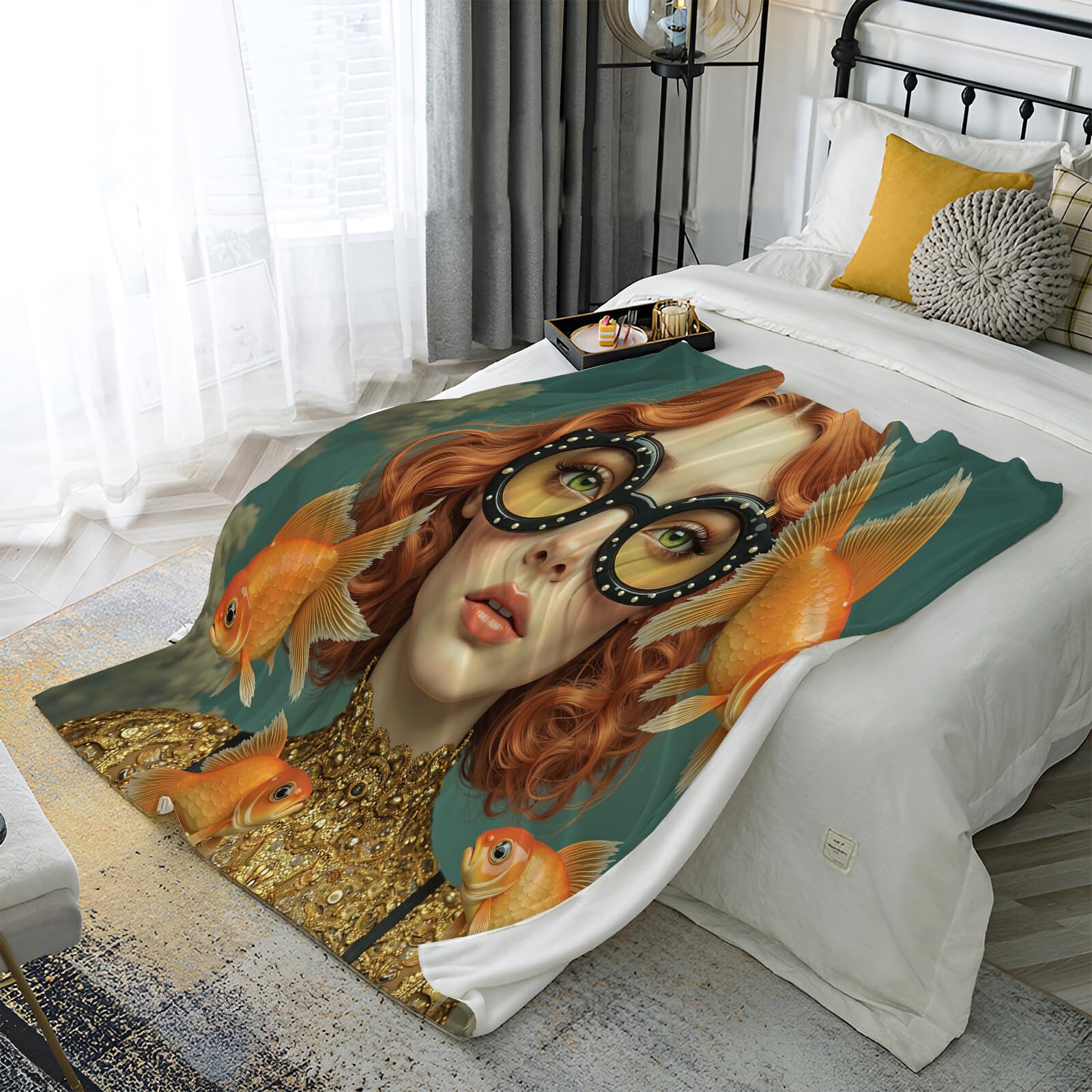 Coperta Letto 220X240Cm Rosso Donna Pesce Rosso Coperte In Pile Personaggi Di Fantasia Per Letto Divano Esterno Auto Viaggi Campeggio Viaggi E Adatto Anche A Animali