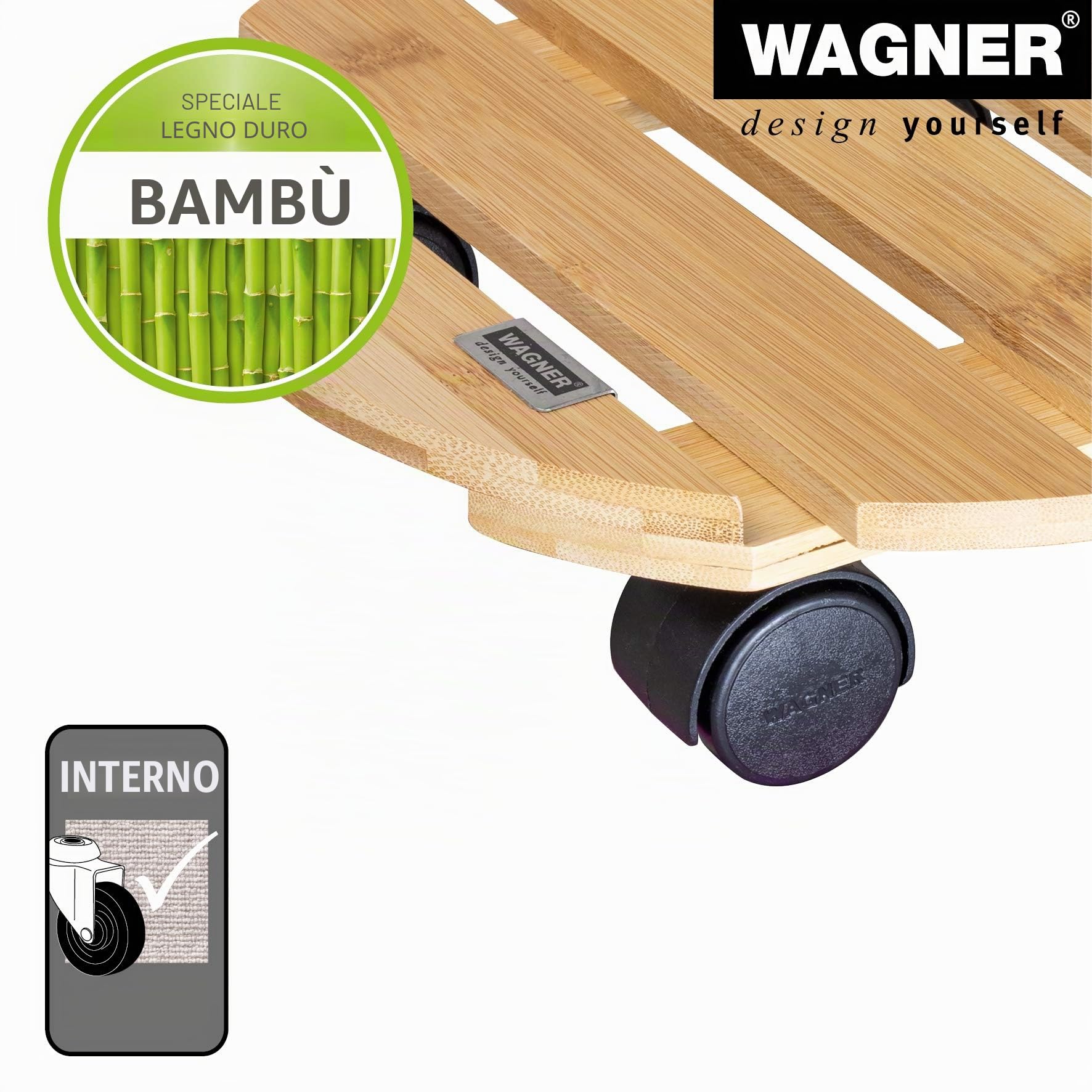 WAGNER Design Yourself Carrello per Piante Bamboo Ø 29 x 7 cm, Carrello per Piante per Interni, bambù Chiaro, Portavaso in Legno con Ruote, Portata 100 kg - 20026701