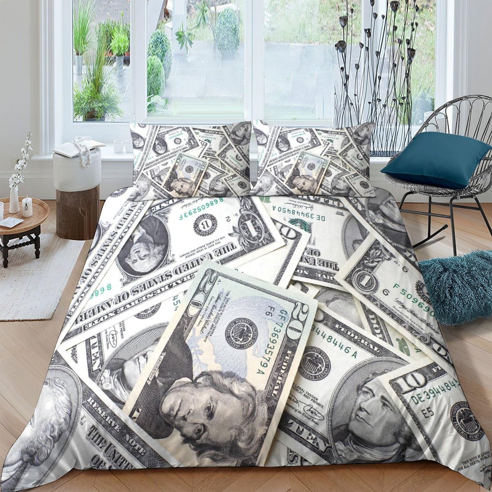 Housse de couette Dollar 200x200 imprimé 3D avec parure de lit 3 pièces microfibre zippée