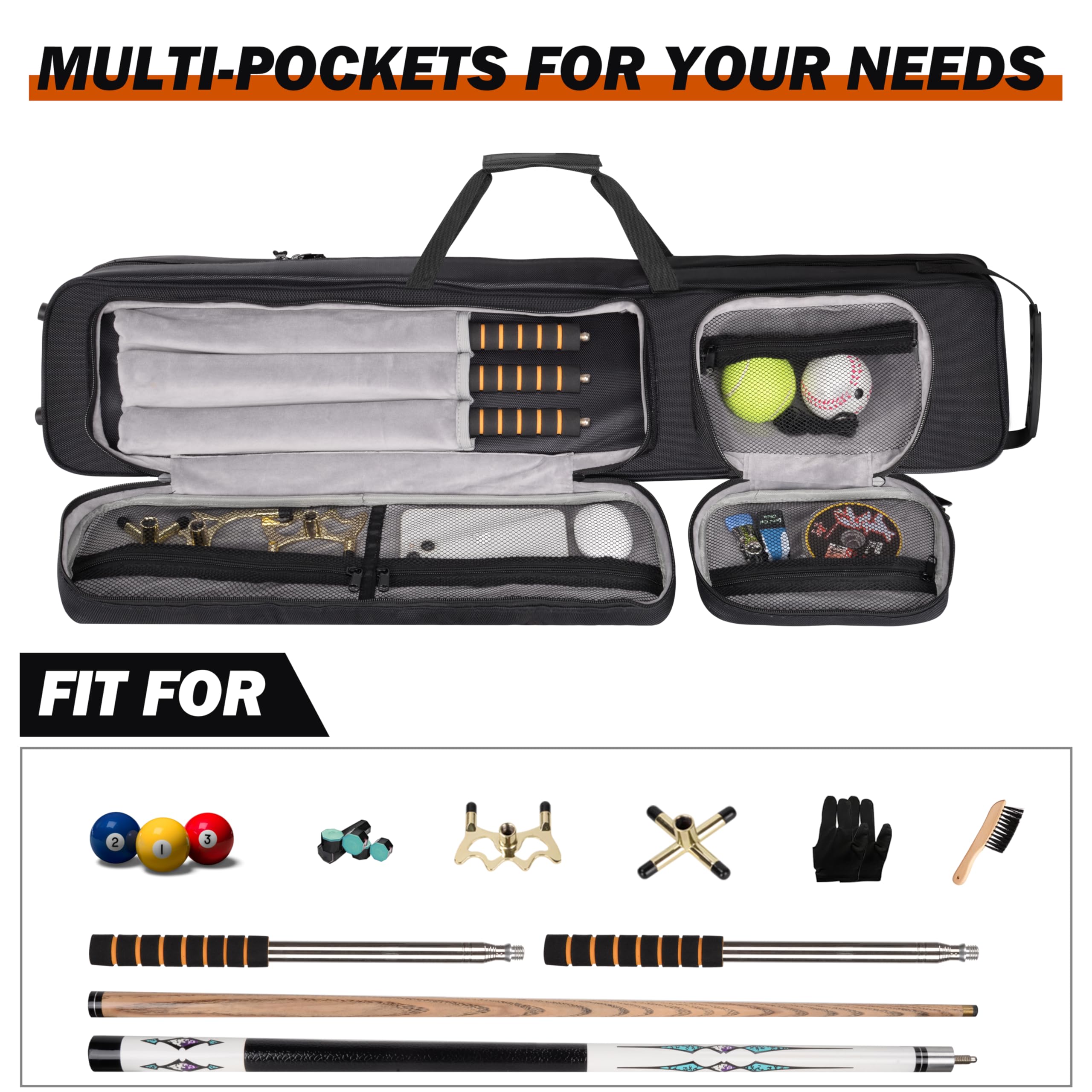 BOOSTEADY Custodia Rigida Premium per Stecche da Biliardo, Custodia per Stecche da Biliardo 4 x 4, Contiene 4 Aste + 4 Tiranti, Fodera Velluto, Porta Accessori, Spallacci Regolabili