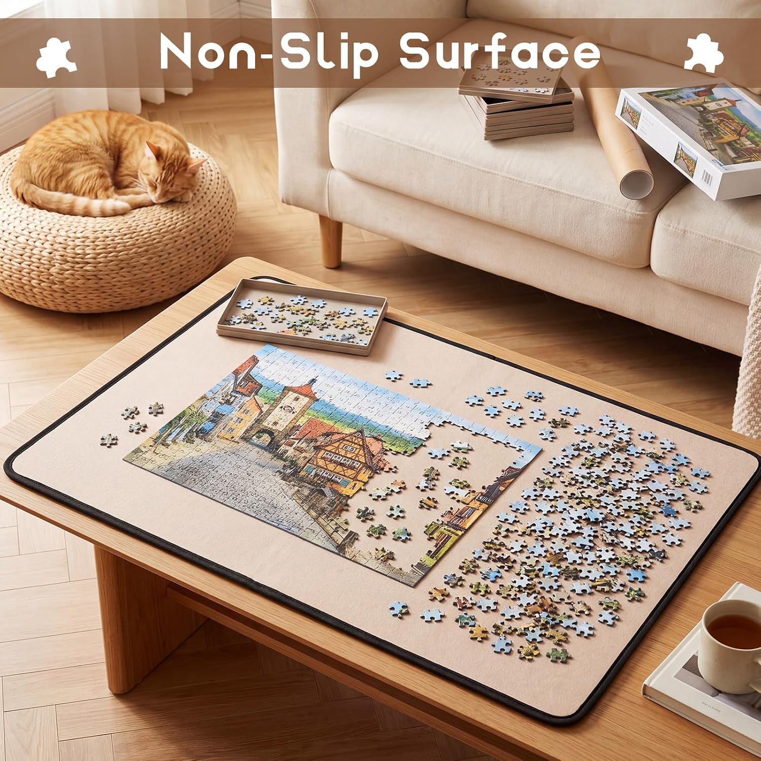 2 Pack Jigsaw Puzzle Board Foldable Flannel Felt Khaki Puzzle Saver Non Slip Surface Portable Storage Pad Lightweight Reinforced Board for Up to 1000 Pieces