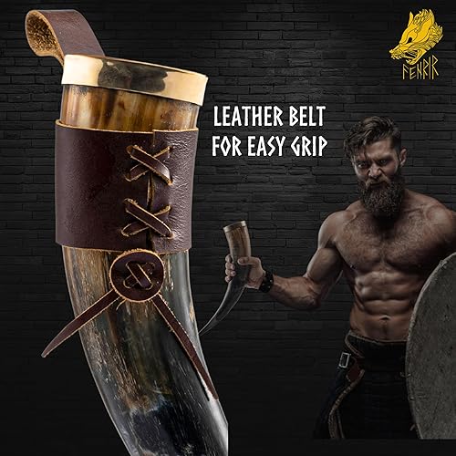 Miniatura 10 de FENRIR Cuerno vikingo con soporte de 16 onzas  Regalos para hombres, papá, esposo  Taza de cuerno de buey natural con abrebotellas Thor y funda de