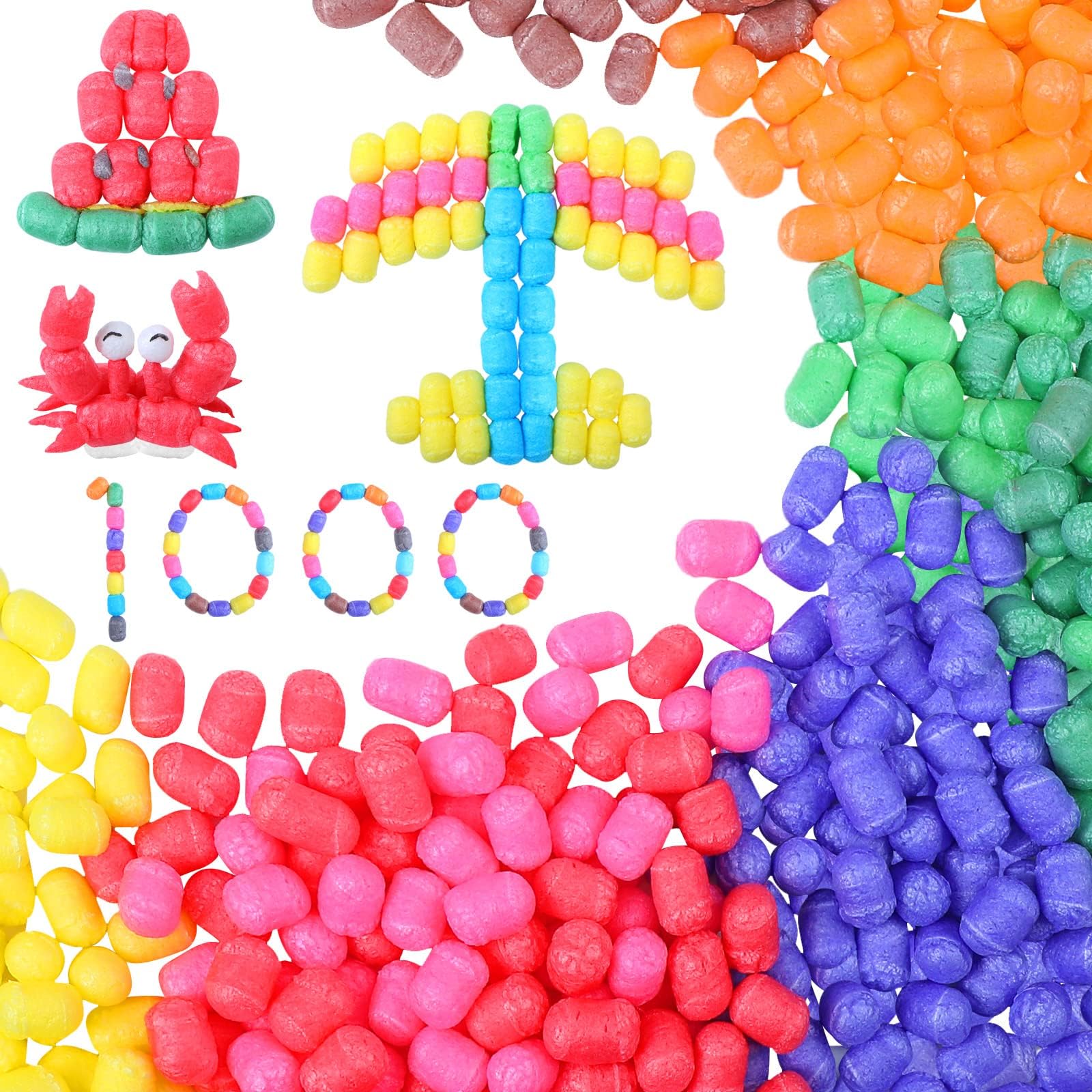 NALACAL 1000 Pcs Magic Foam for Crafts Super Puffs Noodles Corn Craft Kit Arts and Crafts Bulk for Kids Stem Building Model Toys for Kindergarten School Stimulates Creativity Supplies(Multicolored)