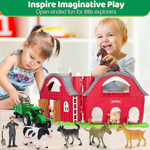 Miniatura 4 de Juguetes de animales de granja para niños de 1, 2, 3, 4, 5 años, granero rojo grande con figuras, animales y juguete de tractor para niños, juego de