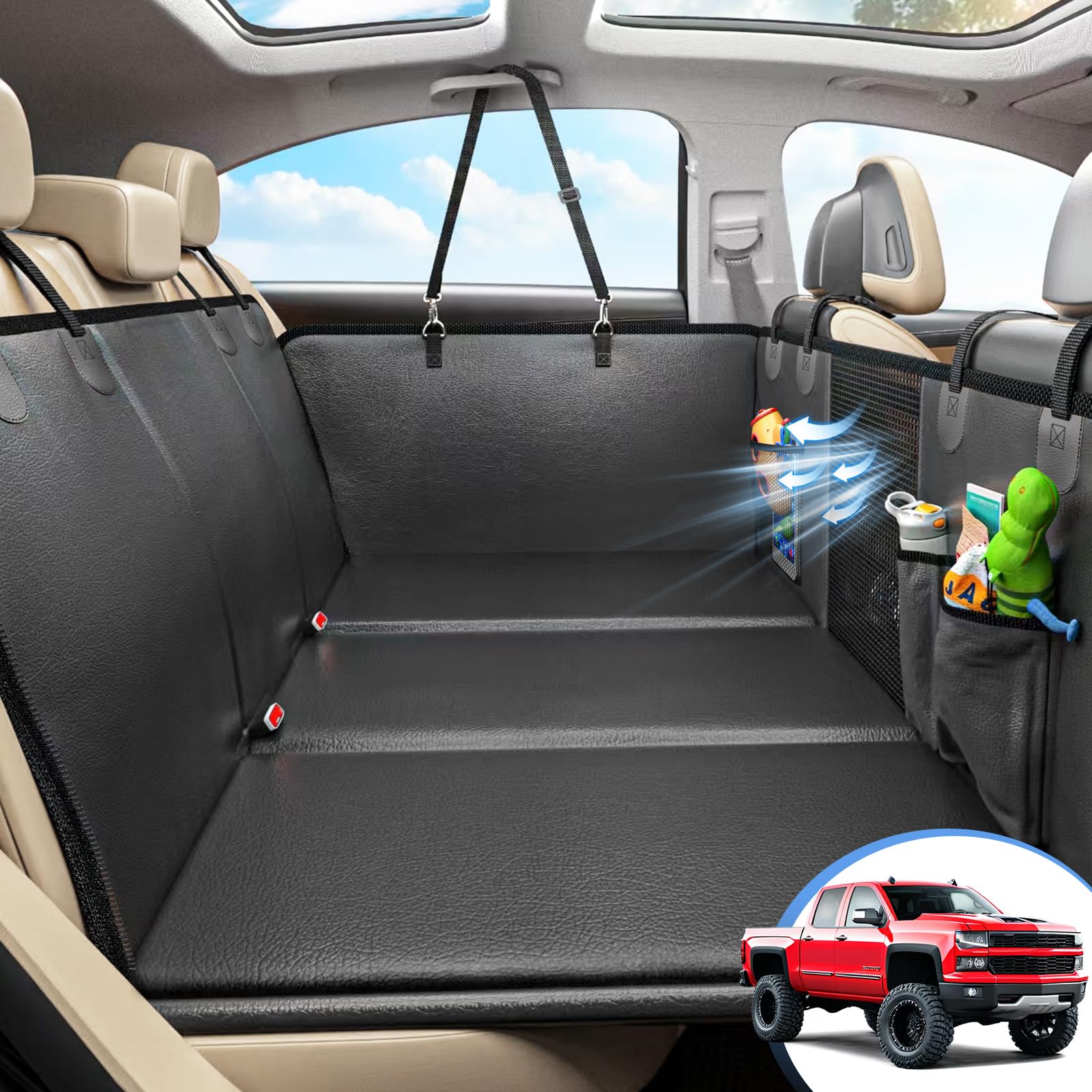 Back Seat Extender for Dogs, Hard Bottom Dog Car Seat Cover for Truck Back Seat, Dog Hammock for Car, Upgraded PU Leather Material, Larger Space, Black