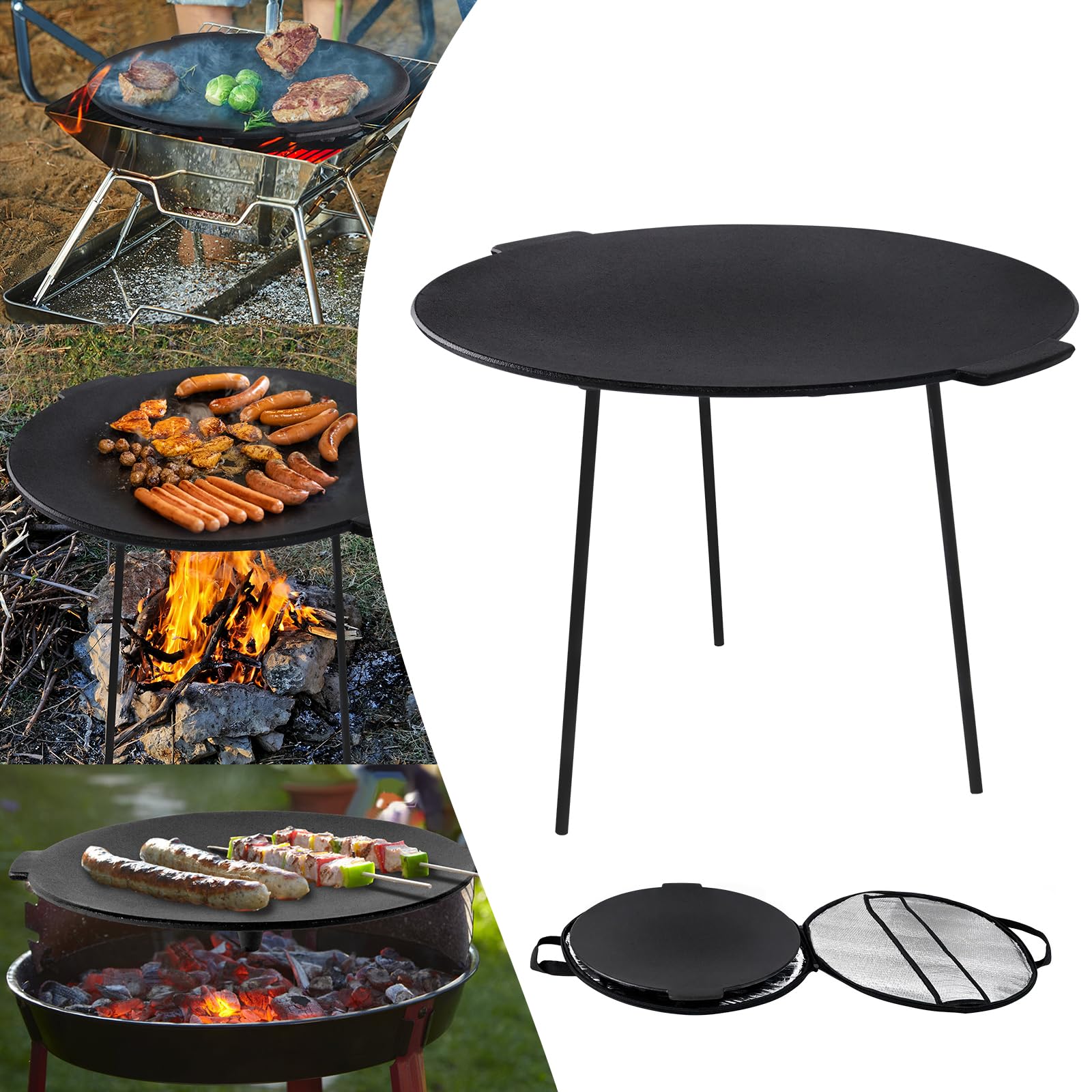 LZQ Sartén de hierro fundido redonda 45 cm para barbacoa con trípode extraíble y placa de horno holandés