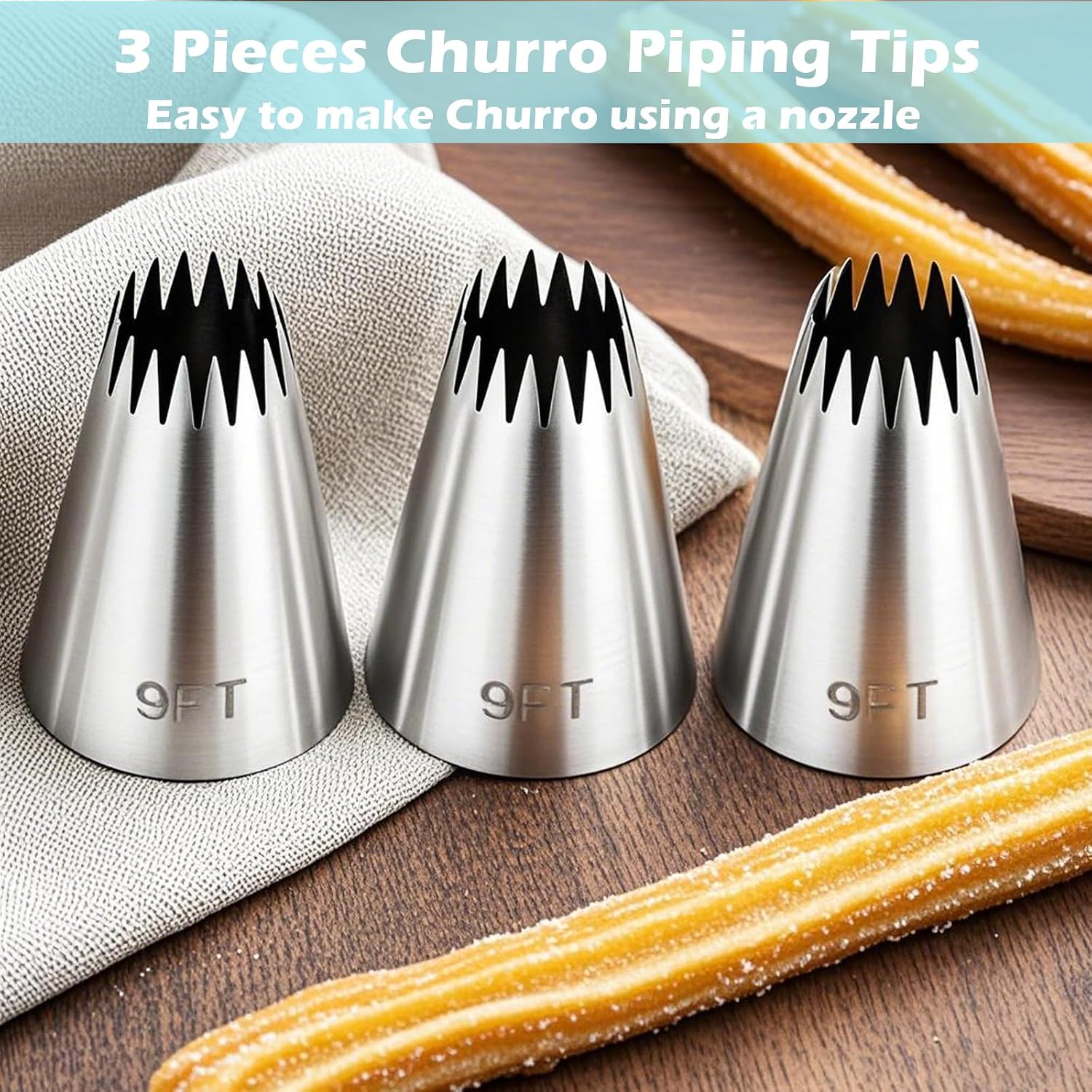 Hendiy 3 Pieces Churro Piping Tips, Stainless Steel 9FT Large Piping Tip Churro Maker Icing Tips, Pastry Tips for Cake Decorating Frosting Tip