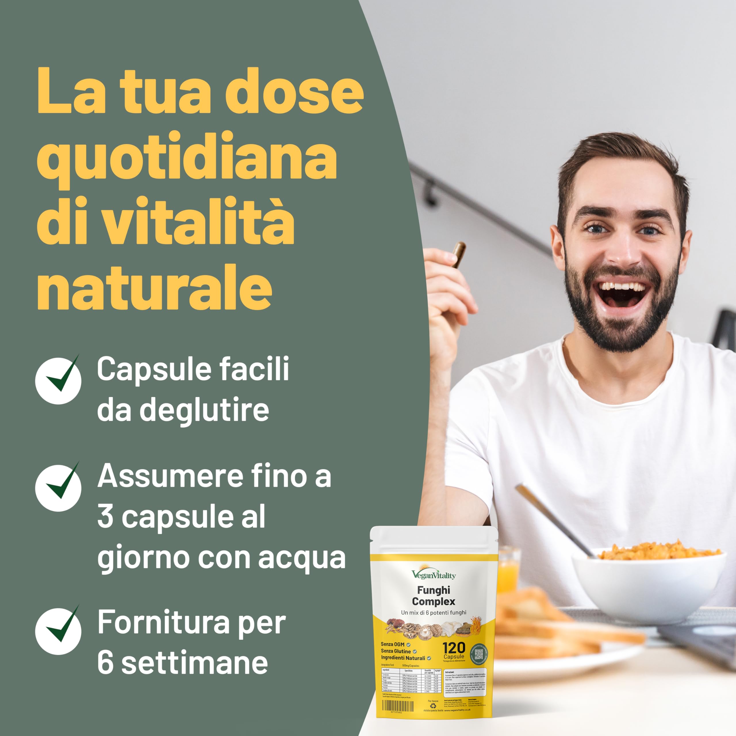 Vegan Vitality Integratore di 6 Funghi: Reishi, Lions Mane, Cordyceps, Chaga, Shiitake e Maitake - 120 Capsule da 500mg – Formula Concentrata
