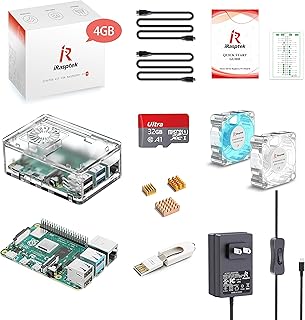 iRasptek Raspberry Pi 4B 4GB RAM Starter Kit - 32GB Edition,Noobs Preinstalled,5V 3.5A Power Supply,HDMI Cable,Heatsink,Transparent Case and Cooling Fan,Card Reader,GPIO Reference Card