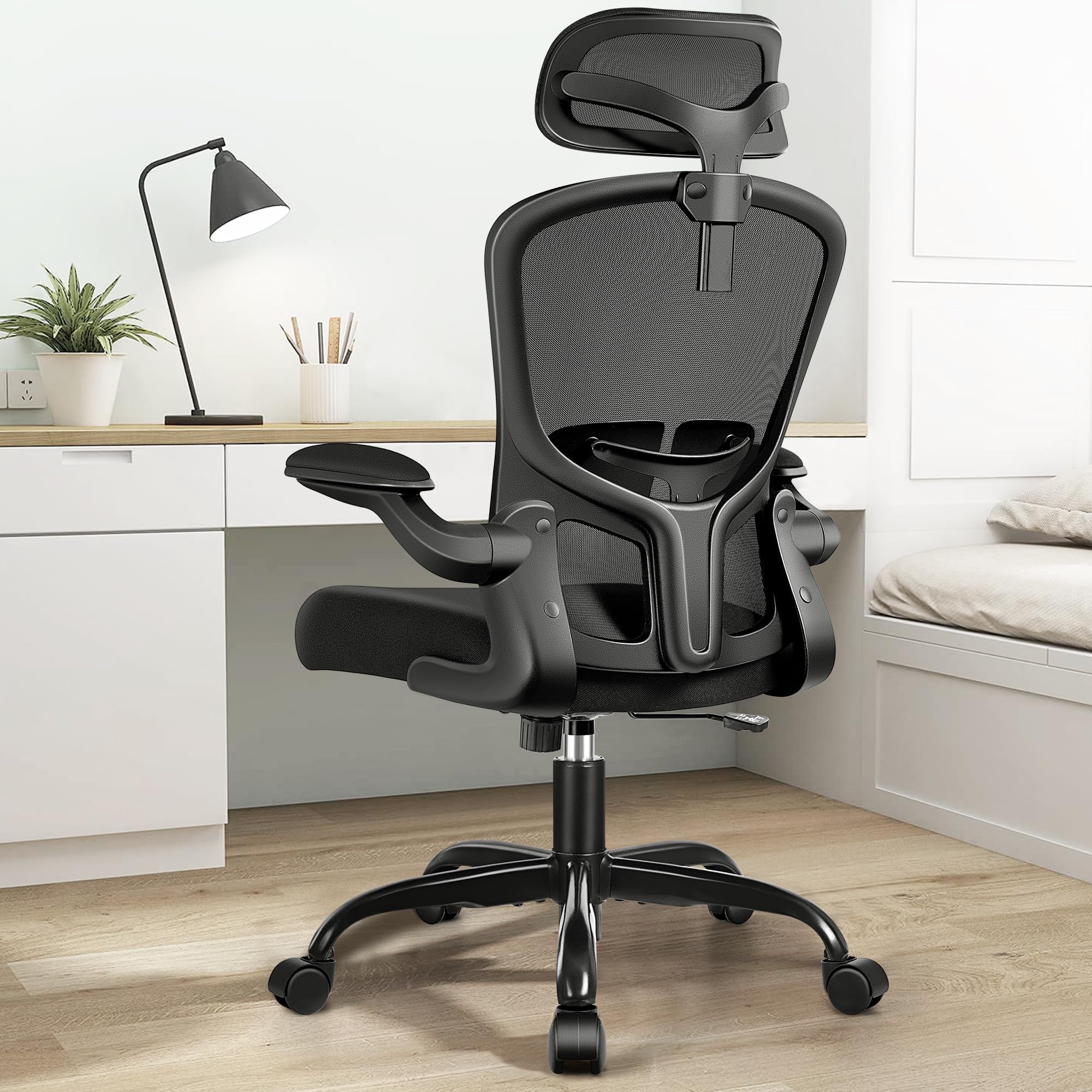 Office Chair Ergonomic Desk Chair with Headrest, High Back Computer with Adjustable Lumbar Support and Wheels,Executive Swivel Comfy with flip-up Armrests for Home Office