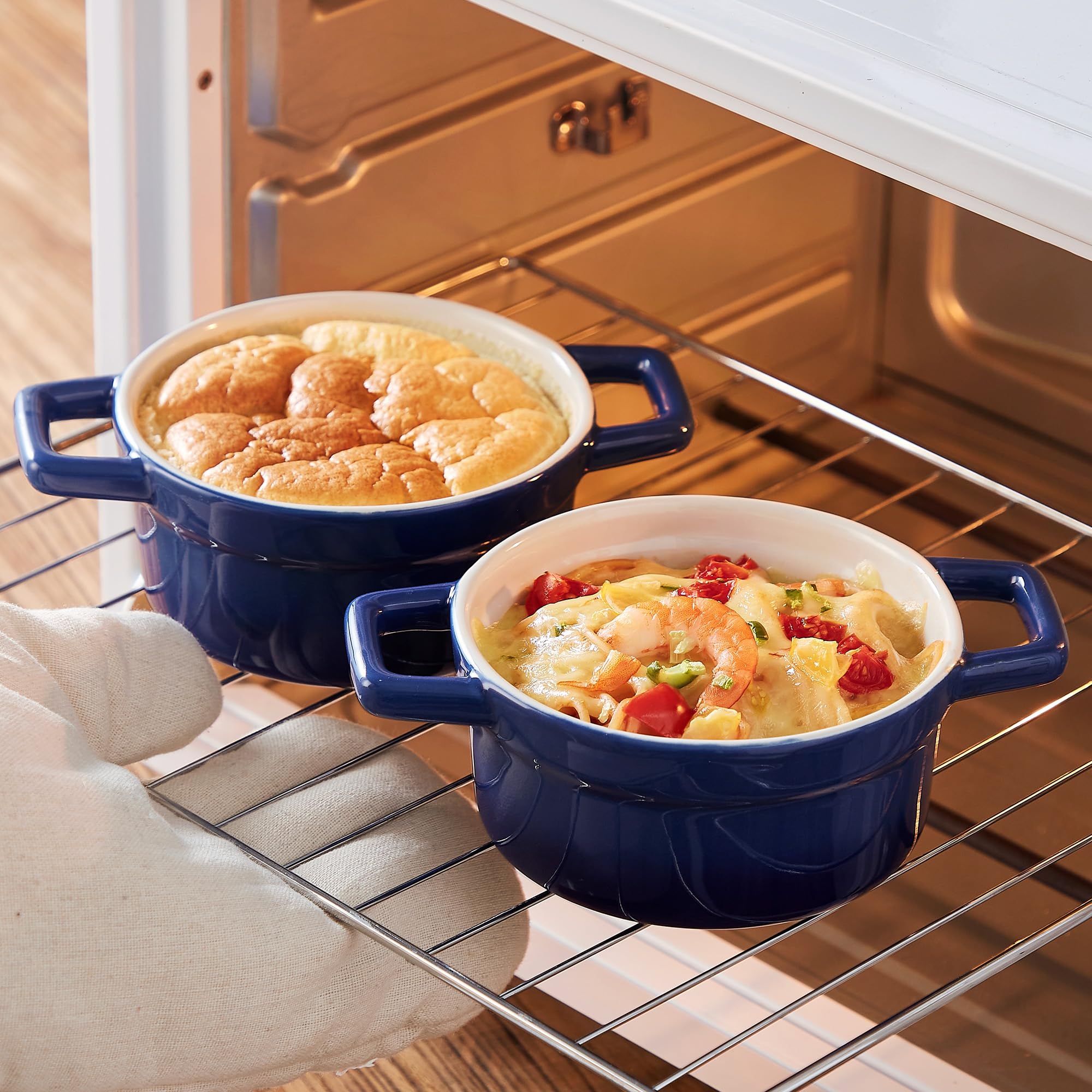 Lareina Mini Cocotte - Cacerolas de cerámica de 12 onzas - Juegos de cacerolas de cocina con asas y tapa - Ramequines pequeños para hornear - Apto para horno, microondas y lavavajillas - Juego de 4 -