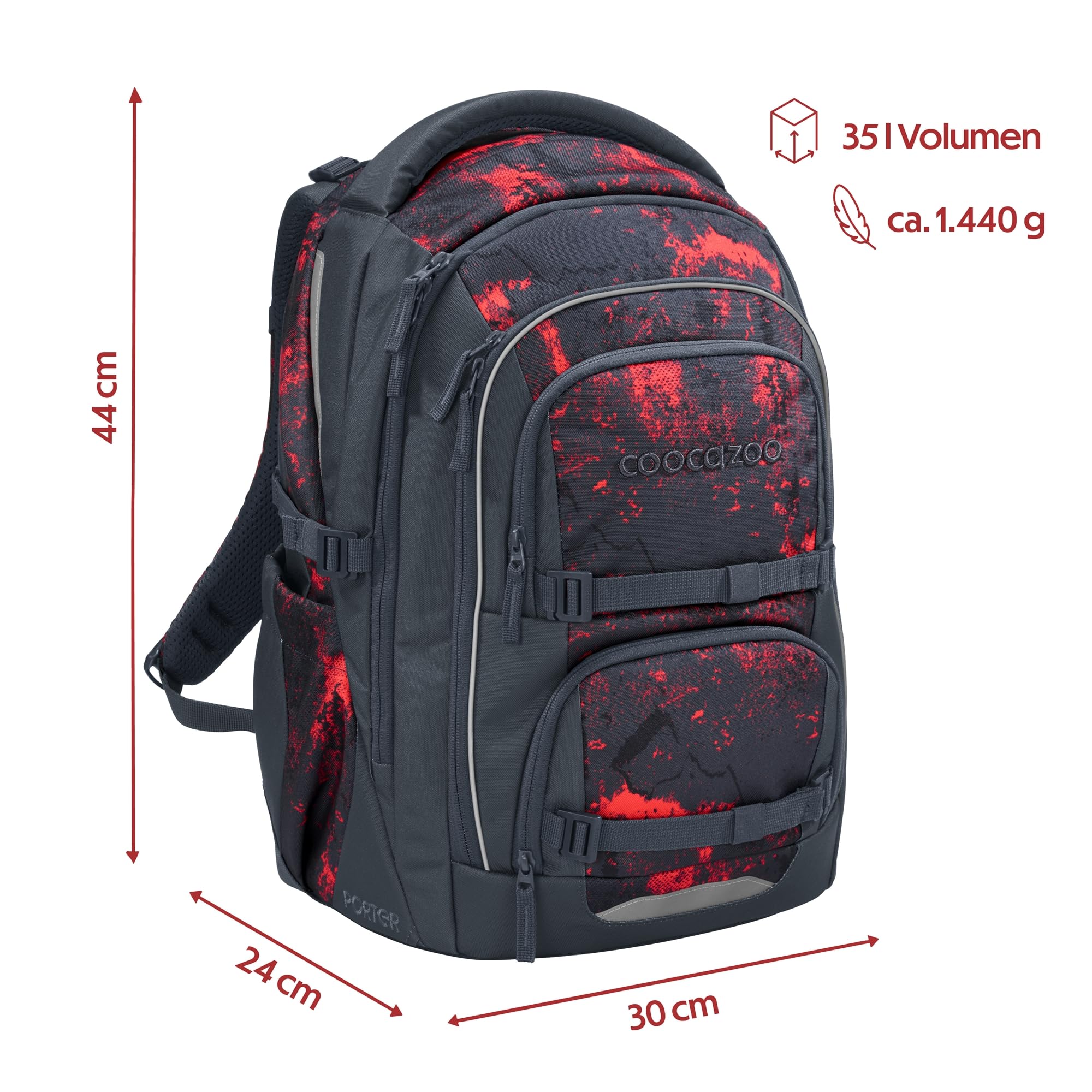 coocazoo Porter Schulrucksack „Broken Black”, schwarz-rot, ergonomischer & anpassbarer Tornister, höhen- & größenverstellbar, mit Brustgurt & Hüftgurt, ab der 3. Klasse