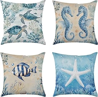 Summer Ocean Pillow Covers Set of 4 18x18 Inch Seahorse Sea Turtle Starf...