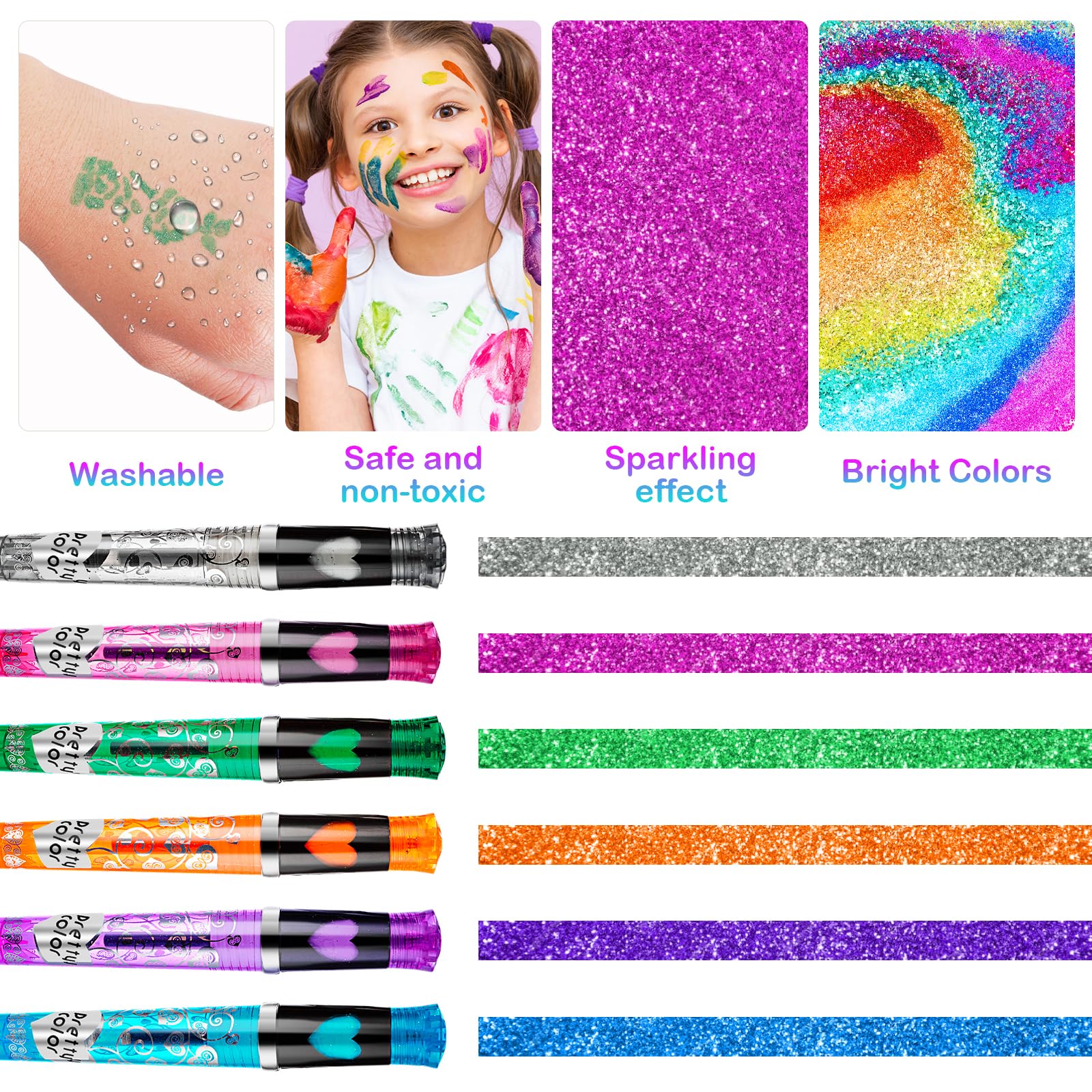 DSLSQD Temporary Tattoo Pen - 6 Colours Glitter Kit With Stencil Body Markers for Kids and Adults Party Dress Up - Image 3