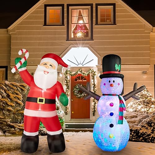 Superjare - Muñeco de nieve inflable de Navidad y Papá Noel con caramelo, decoración navideña soplada con luz LED, animado para patio, césped,