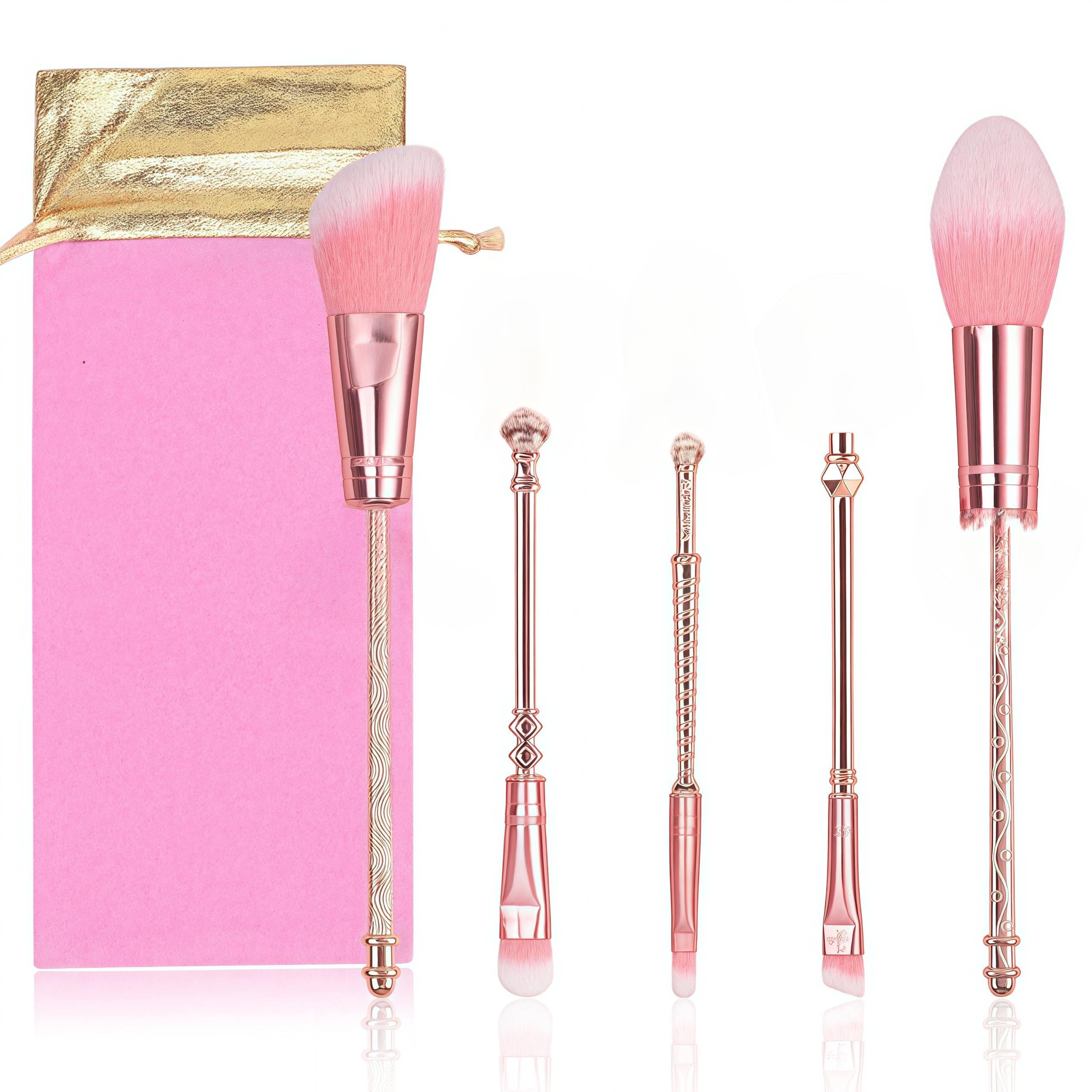 5Pcs Cute Makeup Brushes with Storage Bag, Cartoon Theme Cosmetic Brush Set for Lips Powder Eyeshadow Blushes, Kawaii Portable Makeup Brush Set for Girl Women (Pink-Style B)