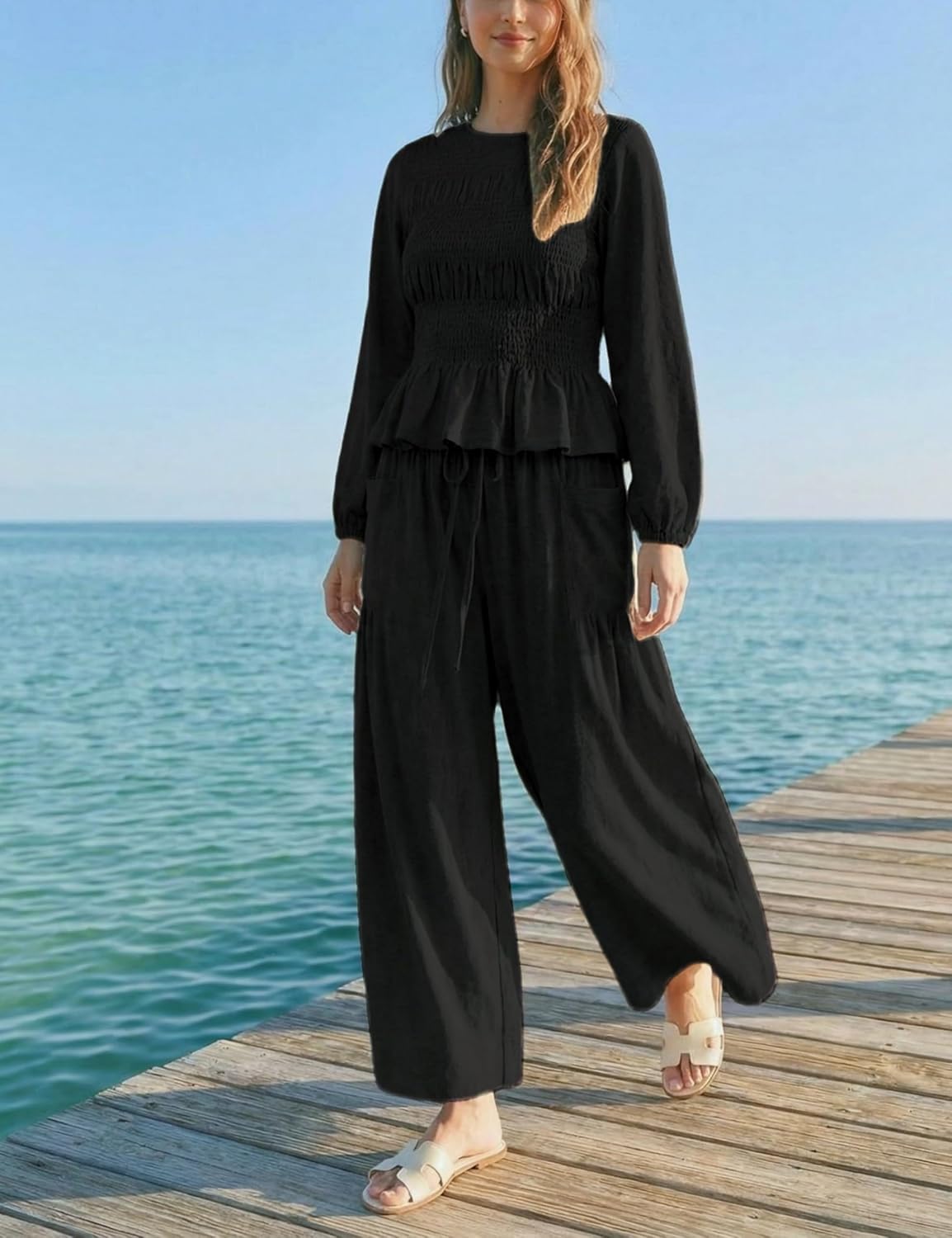 Womens 2-Piece Boho Long Sleeve Smocked Top & Wide Leg Pants Set Casual Lounge Outfit with Pockets - Image 3