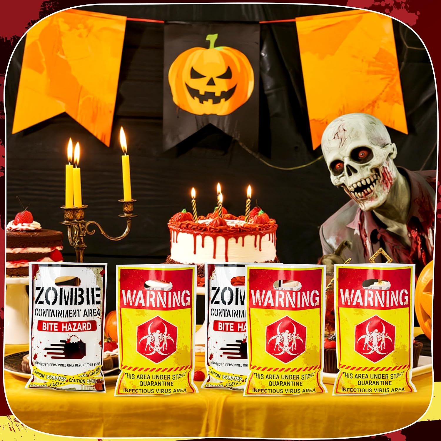 K1tpde Zombie Party Favor Bags - 50PCS Scary Birthday Treat Gift Bags Bulk with Handle for Boys and Girls, Zombie Survival Goodies Bag Stuffer Filler for Halloween Birthday Party Decoration Supplies