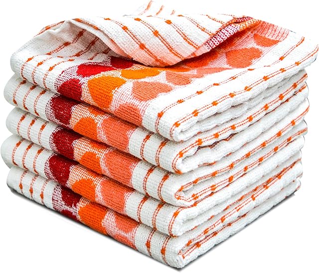 Xelay 100% Cotton Terry Tea Towel Egyptian Wonderdry Soft Monocheck Black/White Jumbo Thick Kitchen Dish Cleaning Drying Cloth Pack of 3 35cm x 60cm(Orange Heart Pack of 3, 14" x 22")