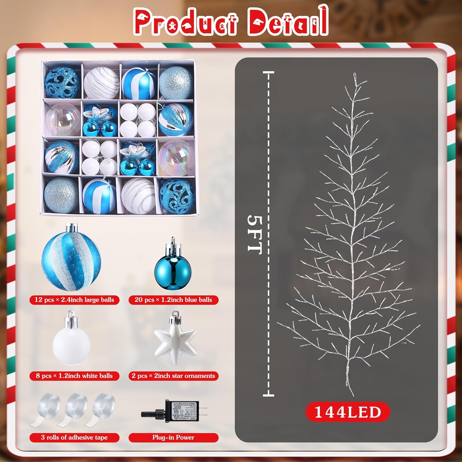 5 FT 144 LED Lighted Wall Christmas Tree with Decorative Balls, 8 Light Modes Plug in Half Christmas Tree, Hanging Flat Mounted Trees for Holiday Apartment Room (Silver, Blue and White)