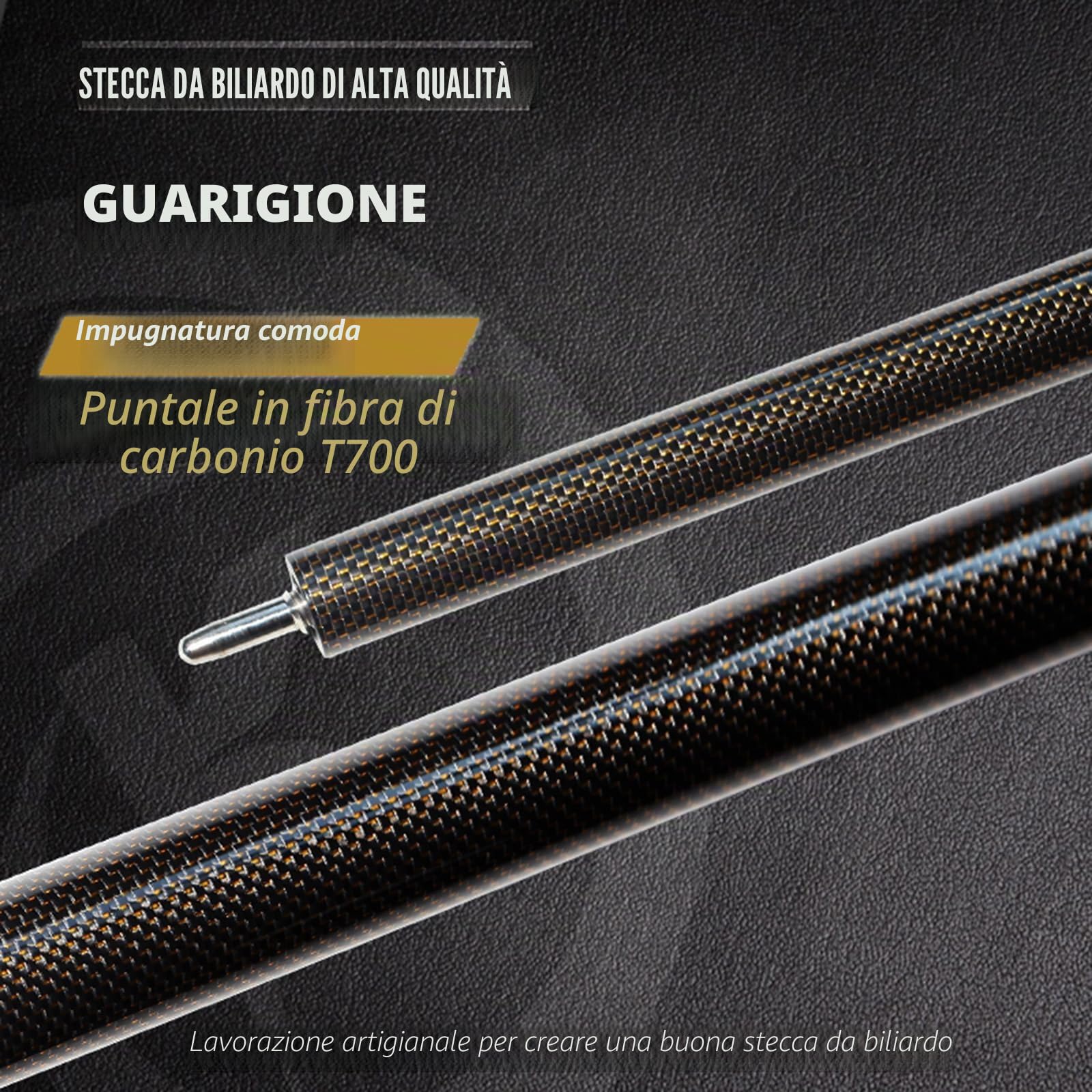 KHEALING Stecca da Biliardo in Fibra di Carbonio da 58 Pollici, Struttura 1/2, connettore a 3 Denti, Punta da 12,4 mm, 540-567 g, Adatta per Giocatori di Biliardo Professionisti
