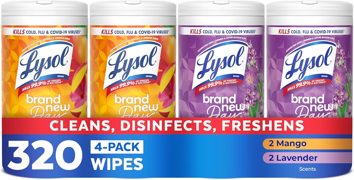 Toallitas desinfectantes Lysol, multisuperficie, lavanda + mango, 80 u. (Paquete de 4) | Limpiador multiuso, desinfectante, desodorizante, artículos básicos para apartamentos, artículos de limpieza para el regreso a clases, toallitas para cocina y baño
