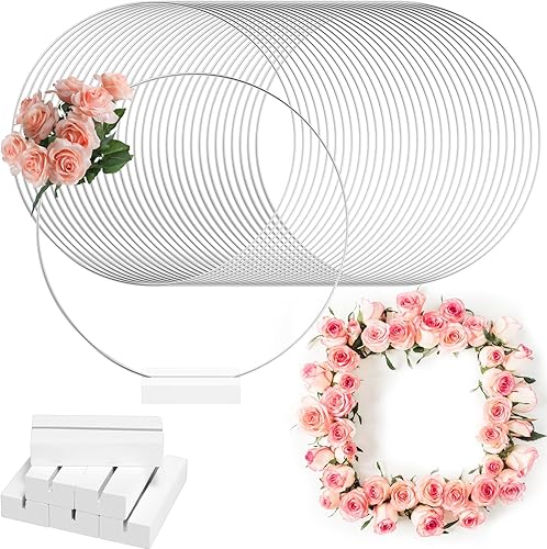 Hicarer 32 piezas de centro de mesa de aro floral de metal de 12 pulgadas plateado con 32 soportes de madera para tarjetas de lugar, decoraciones