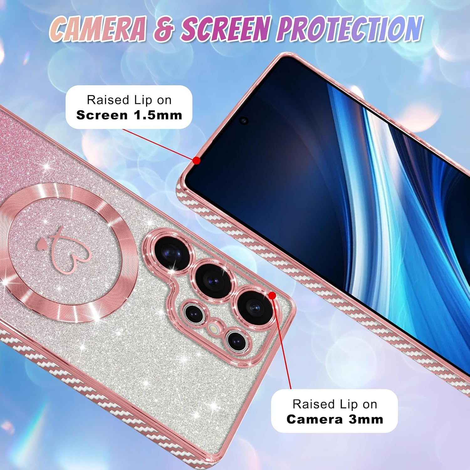 Bonoma Compatible with Samsung Galaxy S25 Ultra Case Support for MagSafe, Plating Heart Glitter Magnetic Case TPU Camera Protection Back Cover for Phone Case -Pink - Image 4