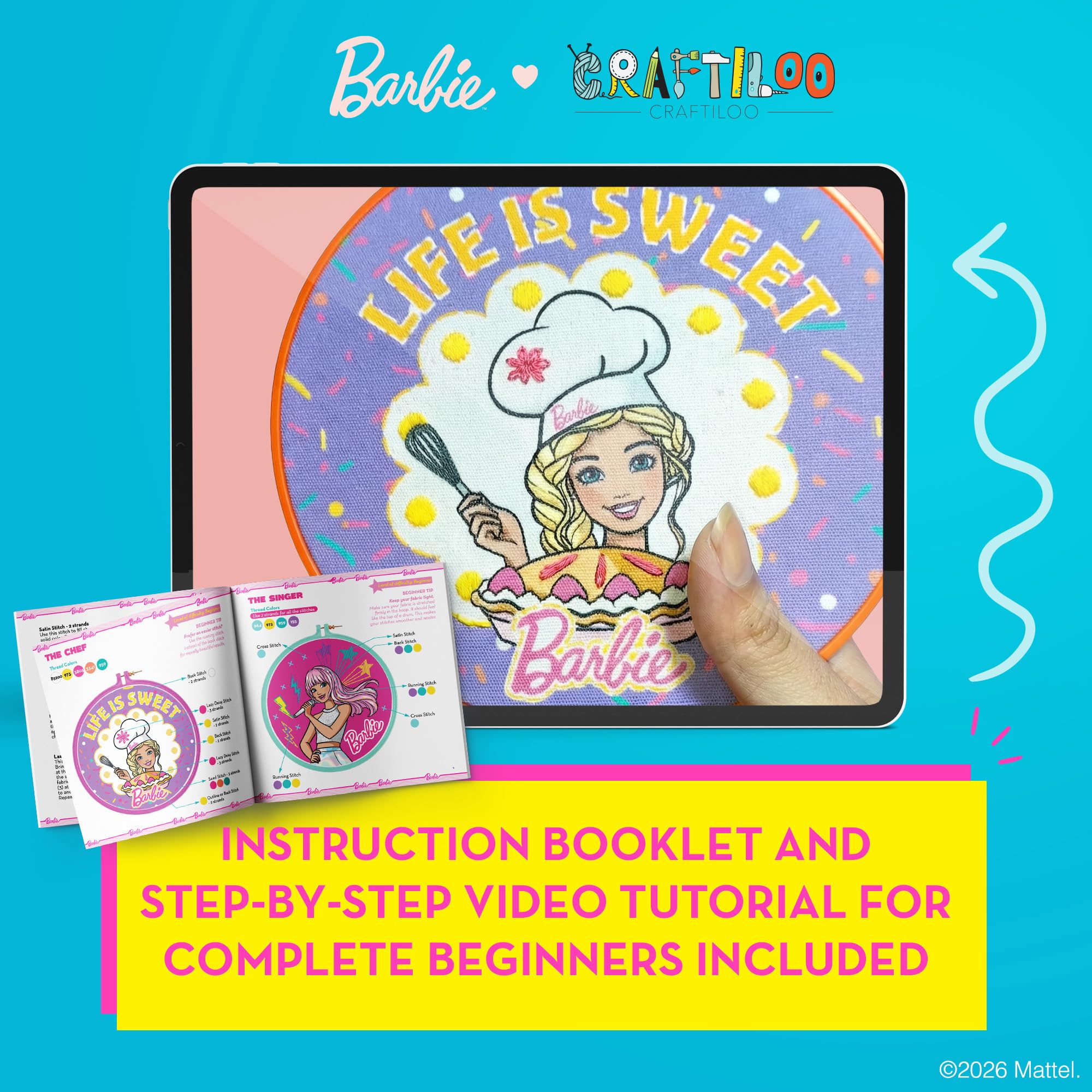 Barbie Kit de broderie pour enfants – Kit de bricolage pour filles de 8 à 12 ans avec 8 motifs, 2 cerceaux, aiguilles, fil – Ensemble complet de couture et d'artisanat, cadeau d'anniversaire