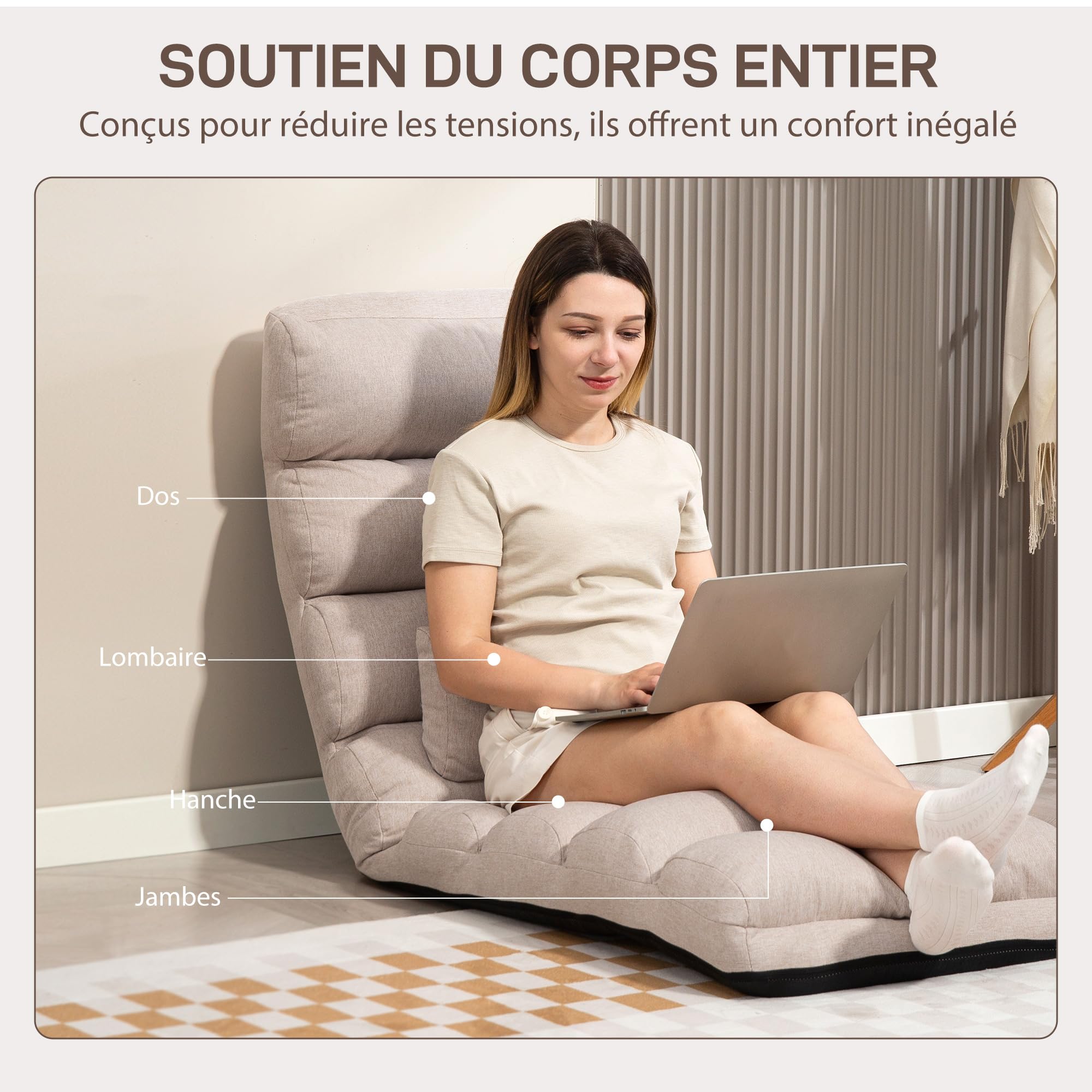 HOMCOM Canapé Paresseux chauffeuse 1 Place Fauteuil Convertible Fauteuil lit avec Dossier et Appui-tête réglables sur 5 Positions pour Salon Chambre et Bureau Charge 120 Kg 58x119x78cm Beige